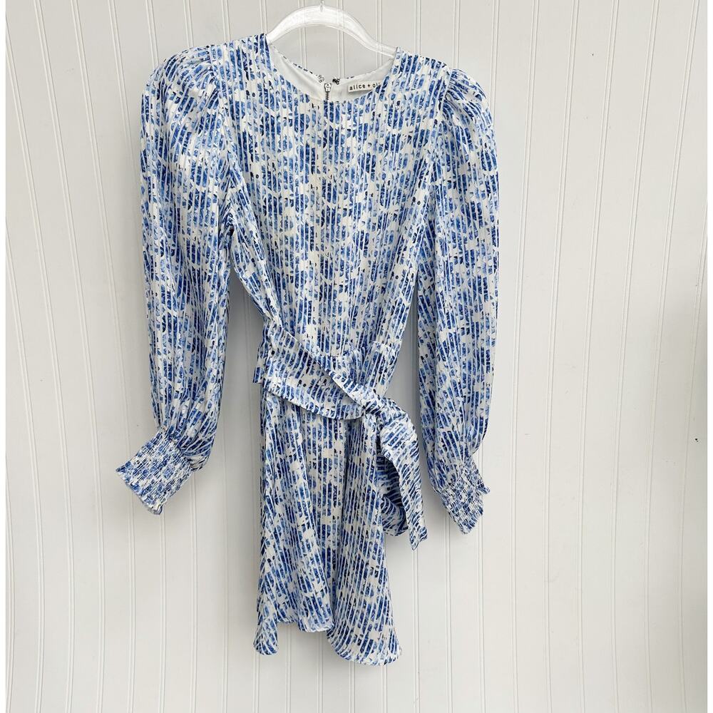 Alice + Olivia Molli Dress Blue White Floral Print Belted Long Sleeve Mini 4 - Picture 7 of 9